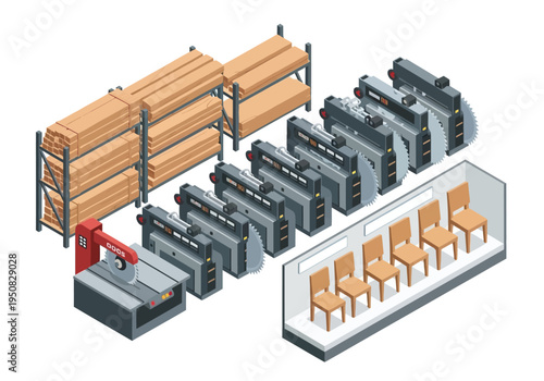 Industrial equipment including lumber, machinery, and chairs, suggesting manufacturing and logistics operations