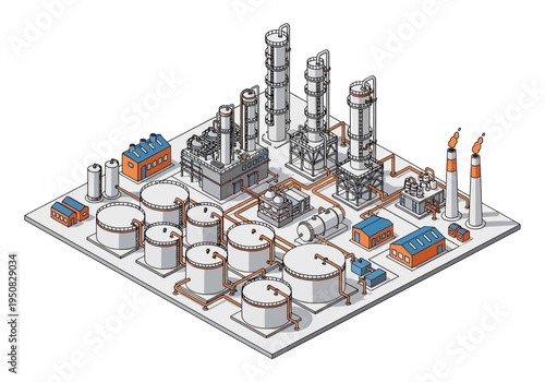 Isometric industrial oil refinery plant with storage tanks, distillation columns, and processing units
