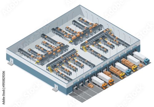 Aerial isometric view of a busy logistics warehouse with organized loading docks and trucks for efficient distribution and delivery operations