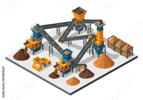 Industrial processing plant for material handling and sorting with conveyor belts and piles of raw materials