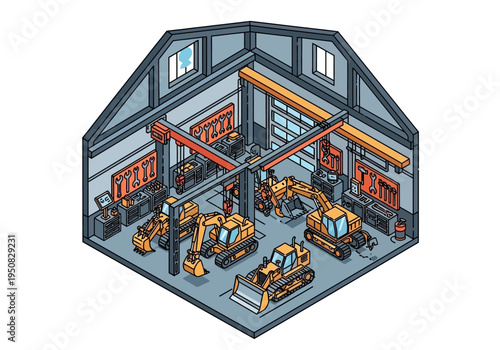 Isometric view of a construction equipment repair shop with excavators and bulldozers