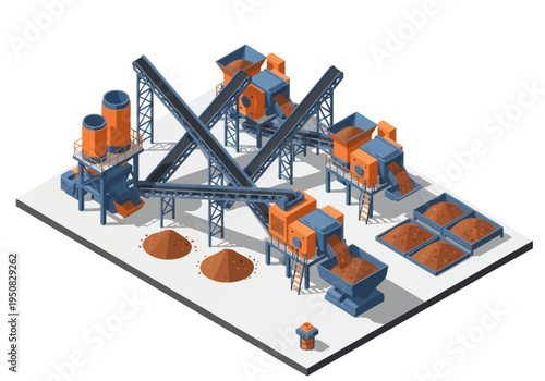 Industrial mining and processing plant with conveyor belts and raw materials
