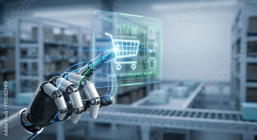 Ai shopping digital retail smart replenishment robotic hand warehouse technology futuristic interface innovation automation