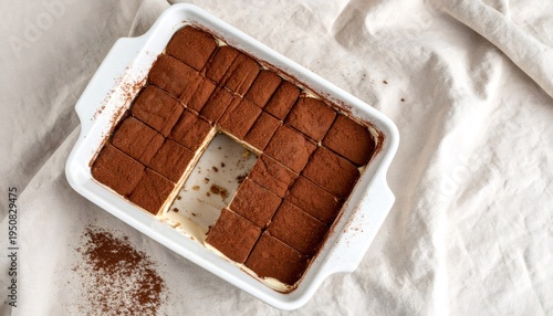 Tiramisu dessert with cocoa powder in a baking dish