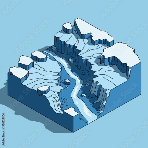 Isometric illustration of a glacial canyon with a river flowing through the icy landscape.
