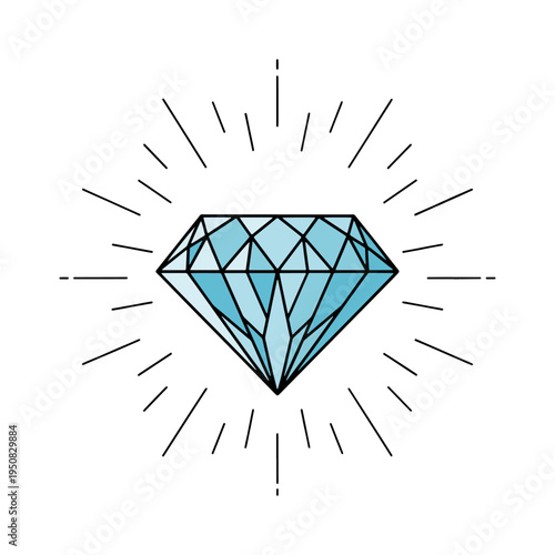 Blue Shining Diamond Gemstone Illustration With Retro Sunburst Line Art Background