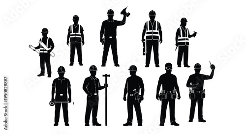 Set of 10 construction worker silhouettes vector