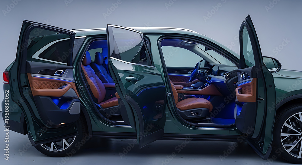 Naklejka premium A green suv with all doors open revealing a luxurious brown leather interior and blue ambient lighting