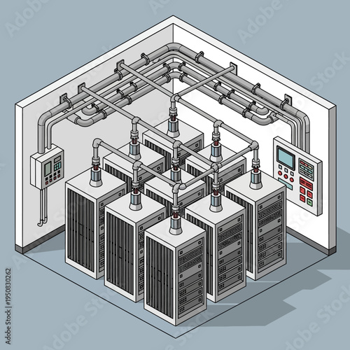 Isometric view of a server room with cooling pipes and control panels.