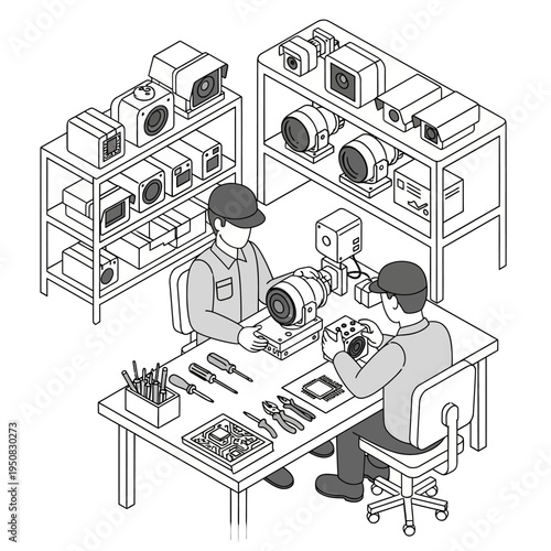 Two technicians working on equipment at a repair station with shelves of devices.