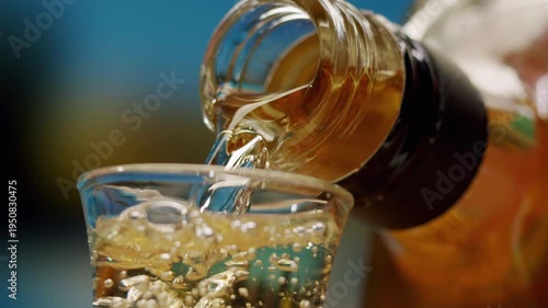 Mexican Tequila Mezcal pouring with lime and salt on a stone table. Strong vodka rum alcoholic drink is poured from a bottle into a shots.