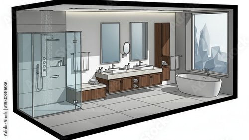 Architecture Drawn Modern Luxury Bathroom Interior Plan, 3D Style Shower, Vanity, and Bathtub Placement, Isolated on White Background