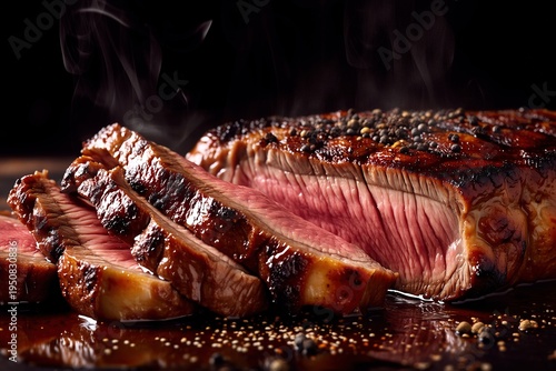 The juicy grilled steak, sliced ​​open, reveals tender, pinkish-red, medium-rare meat with a charred exterior sprinkled with black peppercorns—a fine dining delicacy featuring meat.