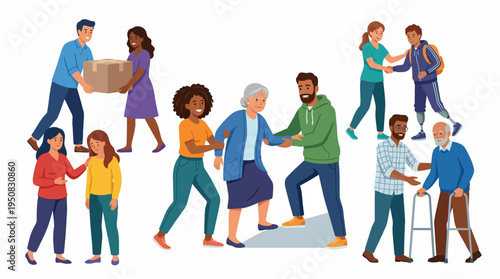 Diverse group of people helping each other with boxes in a city