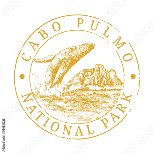 Vintage Cabo Pulmo Mexico badge featuring a breaching humpback whale and majestic desert mountains