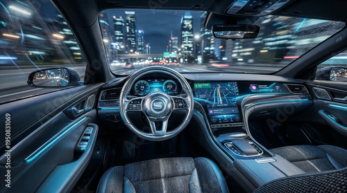 Modern Autonomous Vehicle Interior with Digital Dashboard and City Lights at Night