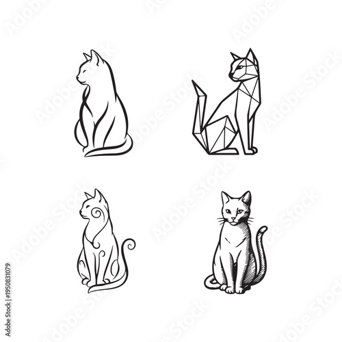 Four different black line drawings of cats sitting