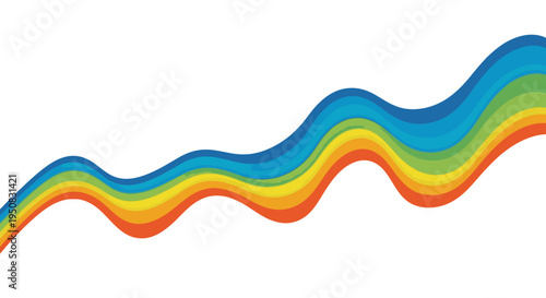 Wavy multicolored rainbow gradient line on a white background with a smooth curved shape in shades of blue, green, yellow and orange.