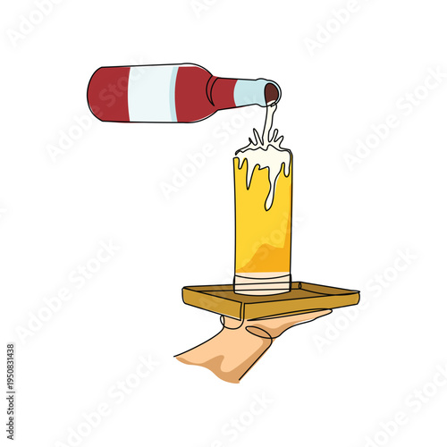 Continuous single line sketch drawing of hand pouring champagne wine liquor from bottle to glass one line art vector illustration editable stroke