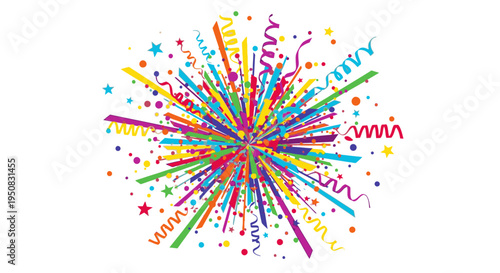 Colorful illustration of a celebratory firework explosion with multicolored confetti, streamers, and stars on a white background, conveying a festive mood.