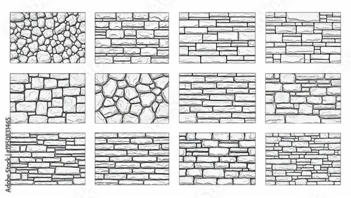 Architectural Material CAD Texture Stone Wall Patterns, Scalable Drawings for Architecture, Isolated on White Background