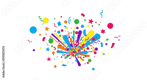 Vibrant colorful confetti explosion on a white background with various shapes and sizes in a celebratory mood.