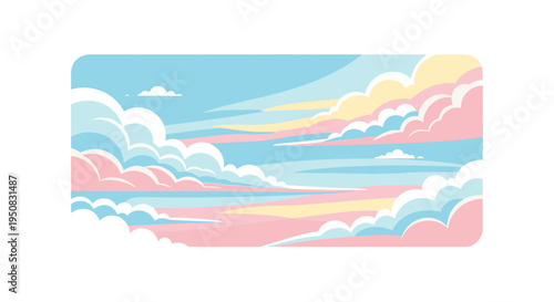 Colorful illustration of a serene sky with fluffy clouds at sunset, featuring soft pastel hues of pink, blue, and yellow against a white background.