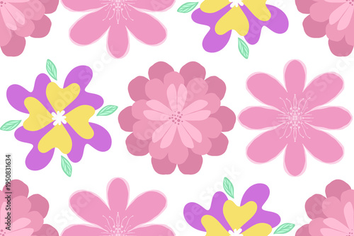 Pastel pink floral seamless pattern illustration with spring flowers and green leaves for nature-themed textile wallpaper and elegant summer fabric decor backdrop