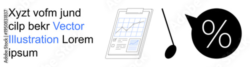 Data analysis, financial growth, business metrics, percentage evaluation, investment tracking, educational tools. A chart on a clipboard, a pointer and a percent icon graphic. Data analysis