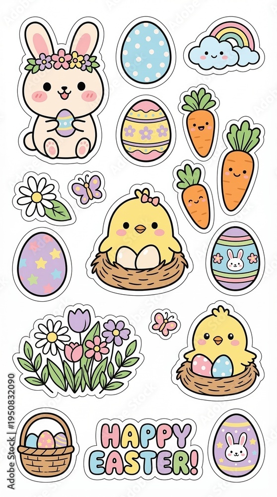 Fototapeta premium Kawaii Easter Sticker Set with Bunny and Eggs