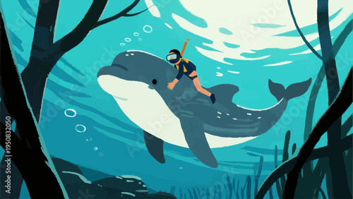 simple illustration. Simple illustration reminiscent of Scandinavia. summer vacation concept. sea. Snorkeling with do;phin