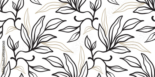 Simple hand-drawn leaf outline abstract design. Trendy black and white line pattern. Fashionable template for fabric design.