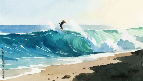 Watercolor illustration. summer vacation concept. sea and sea sand. Enjoy surfing