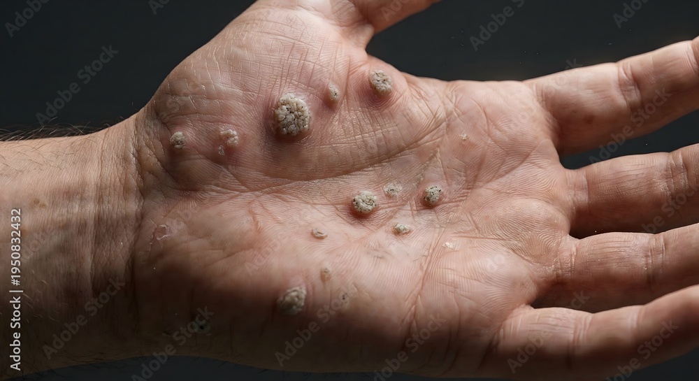 Naklejka premium Detailed perspective of multiple verrucae, commonly known as warts, covering the surface of a human palm, highlighting a prevalent skin infection that may require treatment