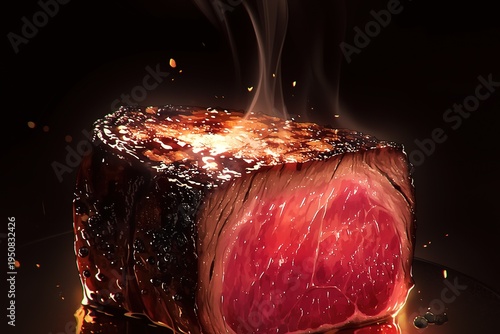 The juicy grilled steak, sliced ​​open, reveals tender, pinkish-red, medium-rare meat with a charred exterior sprinkled with black peppercorns—a fine dining delicacy featuring meat.