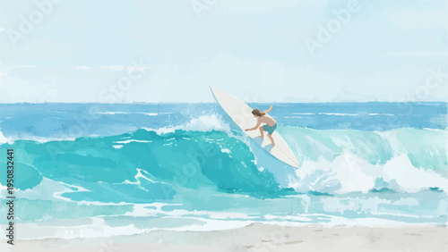 Watercolor illustration. summer vacation concept. sea and sea sand. Enjoy surfing