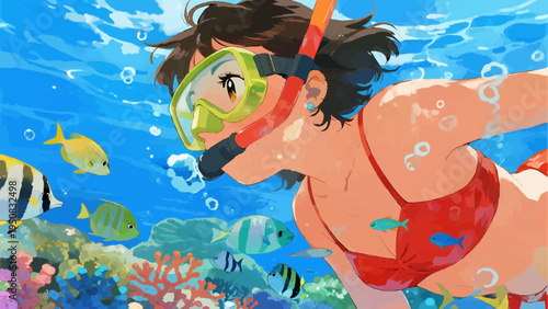 Watercolor illustration. summer vacation concept. sea. Snorkeling
