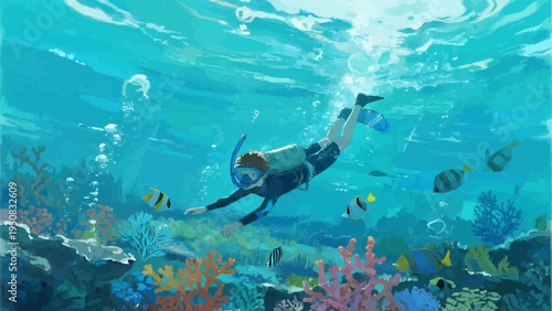 Watercolor illustration. summer vacation concept. sea. Snorkeling