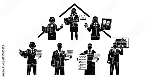Set of 7 business people icons vector, black and white