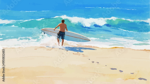 Watercolor illustration. summer vacation concept. sea and sea sand. Enjoy surfing