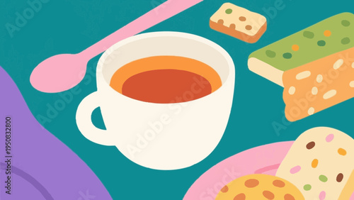 Tea time with black tea and sweets. Adorable, vivid colors and styles. Simple illustrations. Minimalist art.