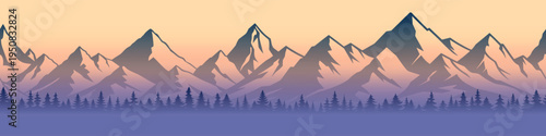 Sunrise in the mountains, wild forest and silhouettes of ridges, seamless border, vector illustration