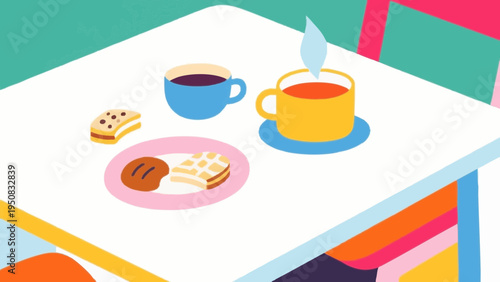 Tea time with black tea and sweets. Adorable, vivid colors and styles. Simple illustrations. Minimalist art.
