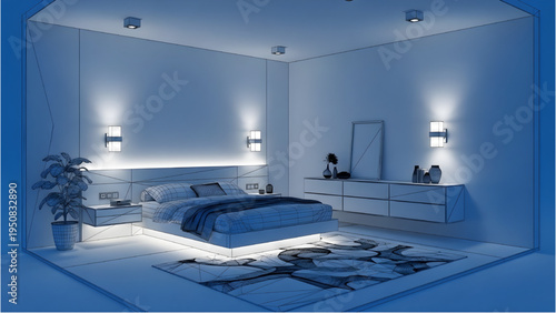 Modern Bedroom Decor & Lighting Plans, AutoCAD Blueprint, 3D Style Interior Layout, Isolated on White Background