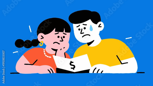Line art, simple illustrations. A young couple facing difficulties. Money. Icon-style. Colorful.