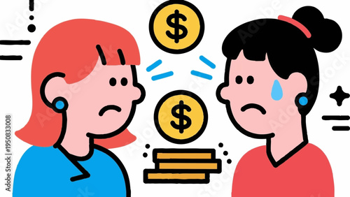 Line art, simple illustrations. A young couple facing difficulties. Money. Icon-style. Colorful.