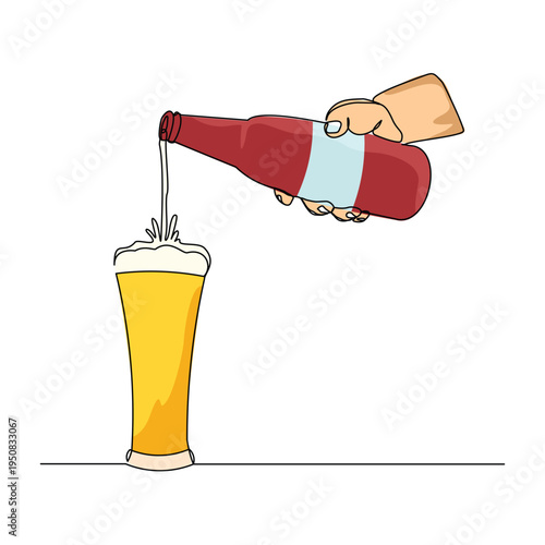 Continuous single line sketch drawing of hand pouring champagne wine liquor from bottle to glass one line art vector illustration editable stroke