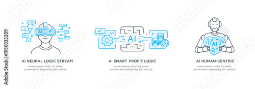 Set of illustrations concept with businessmen. technology, partnership, artificial intelligence business robot, cybes. linear illustration Icons infographics. Landing page site print poster. Line