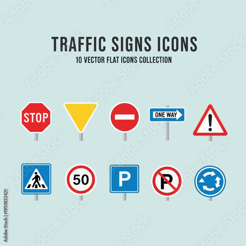 Collection of 10 flat vector traffic sign icons for road safety and regulation, including stop, yield, no entry, and speed limit signs