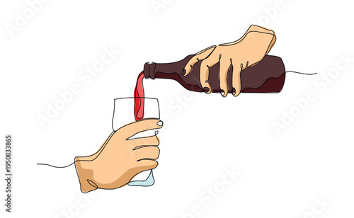 Continuous single line sketch drawing of hand pouring champagne wine liquor from bottle to glass one line art vector illustration editable stroke